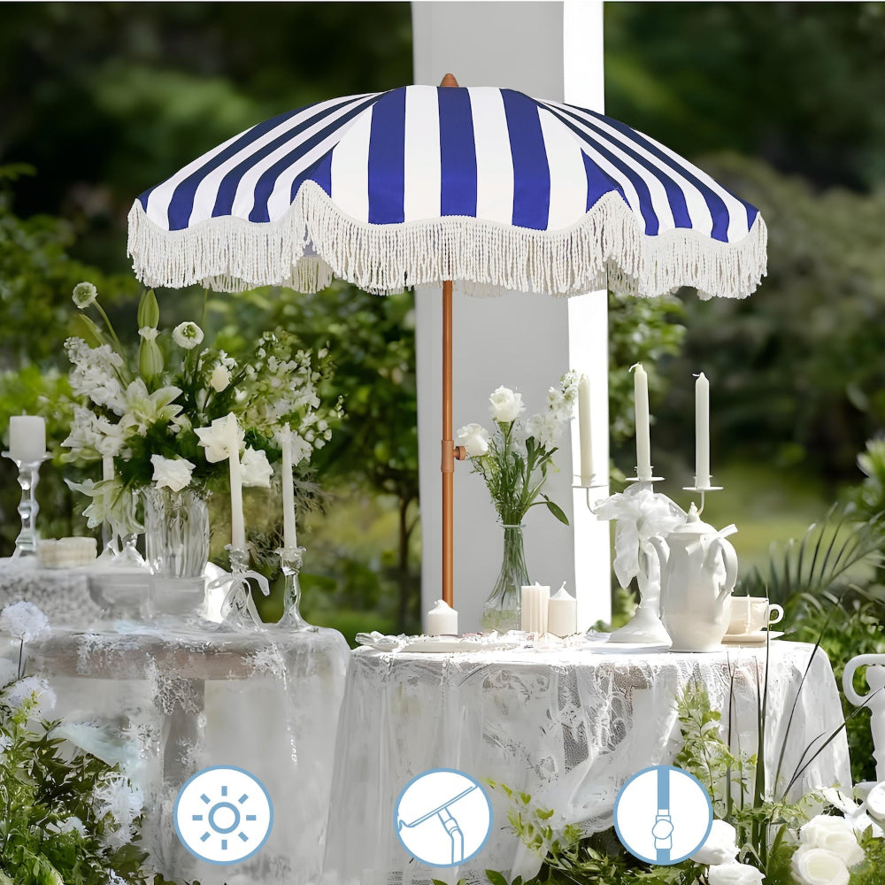 AMMSUN 6.5ft picnic table umbrellas for outside over a decorated outdoor table with flowers and candles.