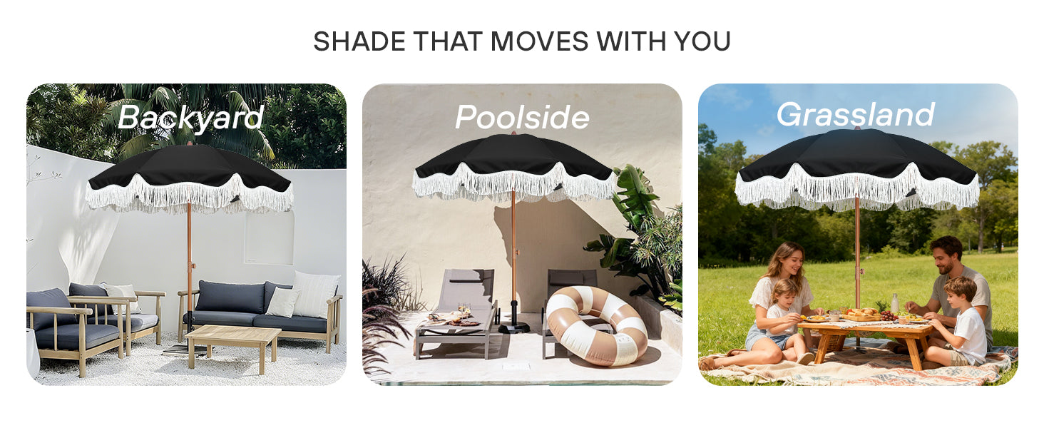 AMMSUN 6.5ft black picnic table umbrellas for outside with fringe ideal for the beach, patio, backyard, pool, and grassland