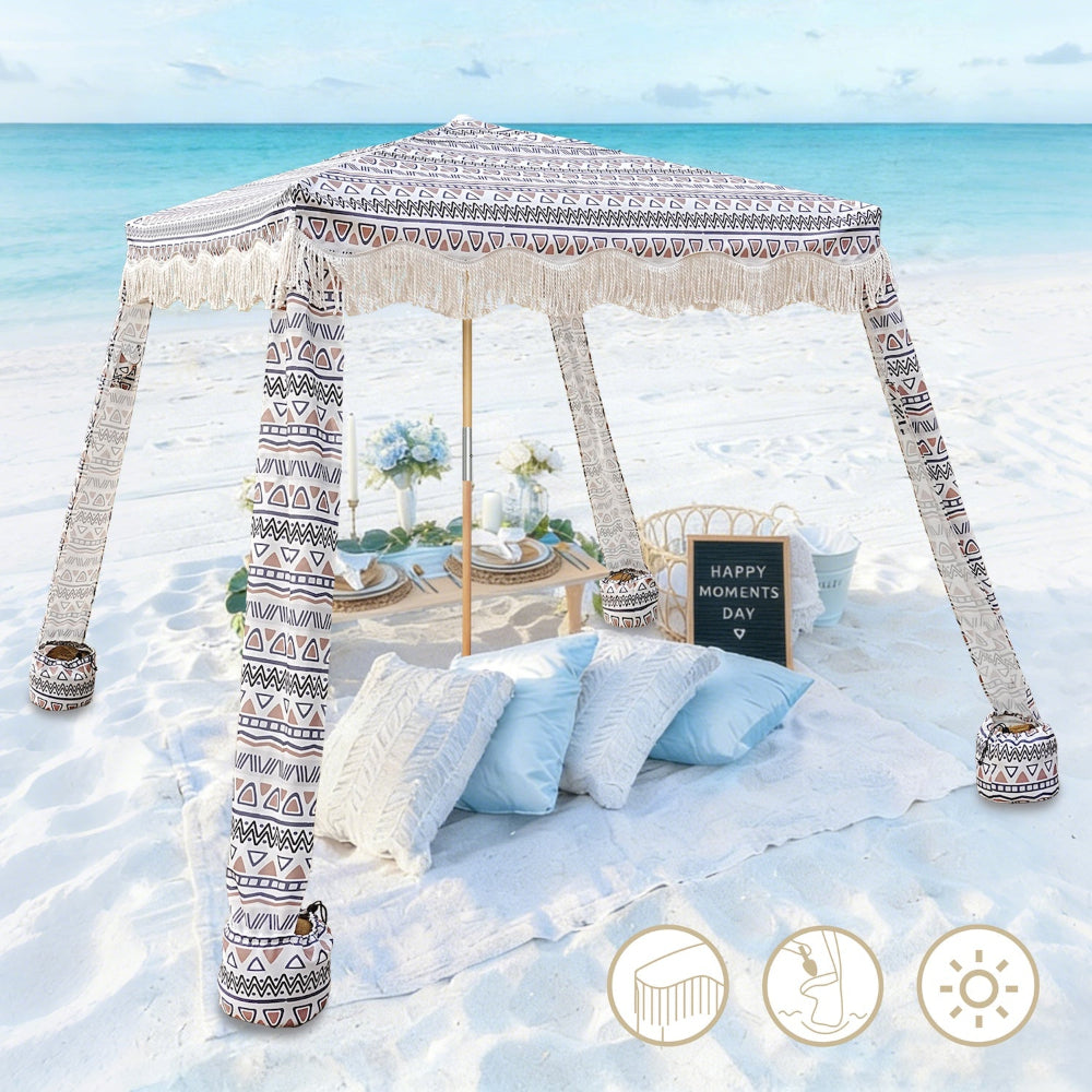 AMMSUN beach cabana with fringe, 7'×7' boho beach canopy with tassels boho beach umbrella