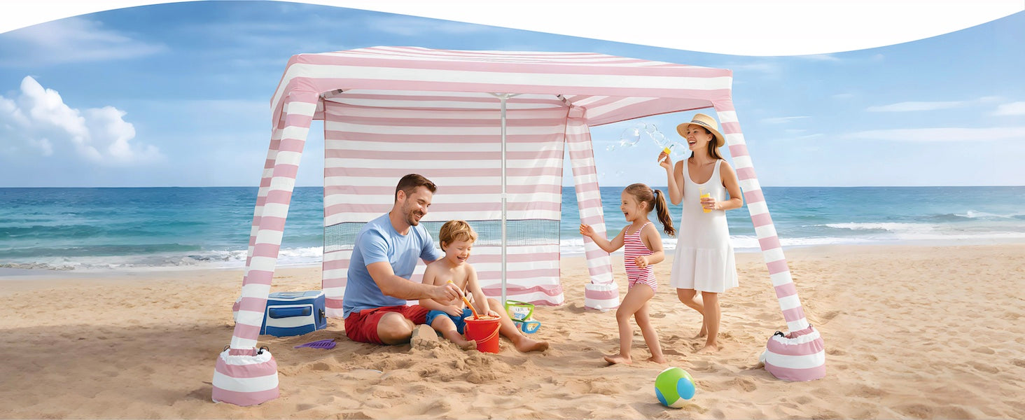 Family of 4 relaxing under an AMMSUN 8'x8' pink stripes portable camping sun shelters for beach canaba with sunwall