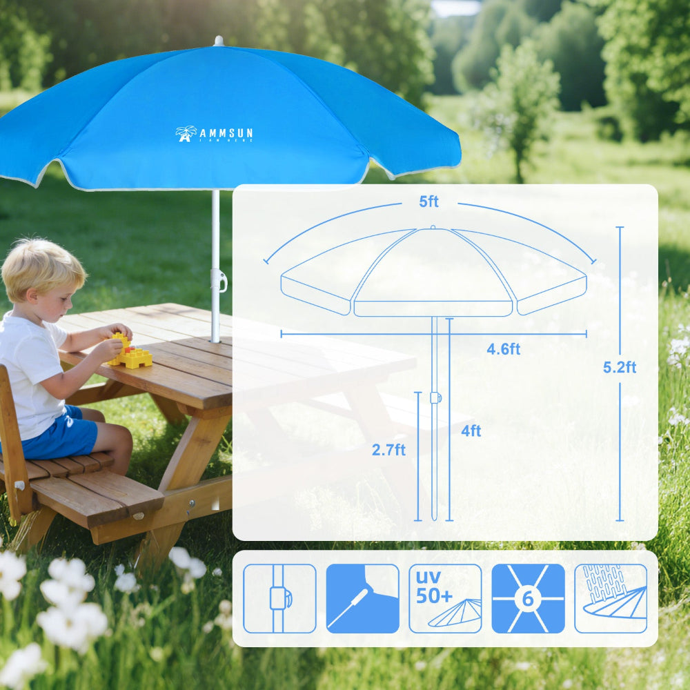 AMMSUN 5ft Kid shade umbrella,Sky Blue - AMMSUN Beach Umbrella for kids picnic table foldable