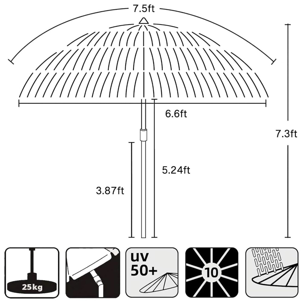 AMMSUN 7.5ft tiki umbrella outdoor patio with tilt made of uv 50+, waterproof and 8 fiberglass ribs, up to 7.3ft H