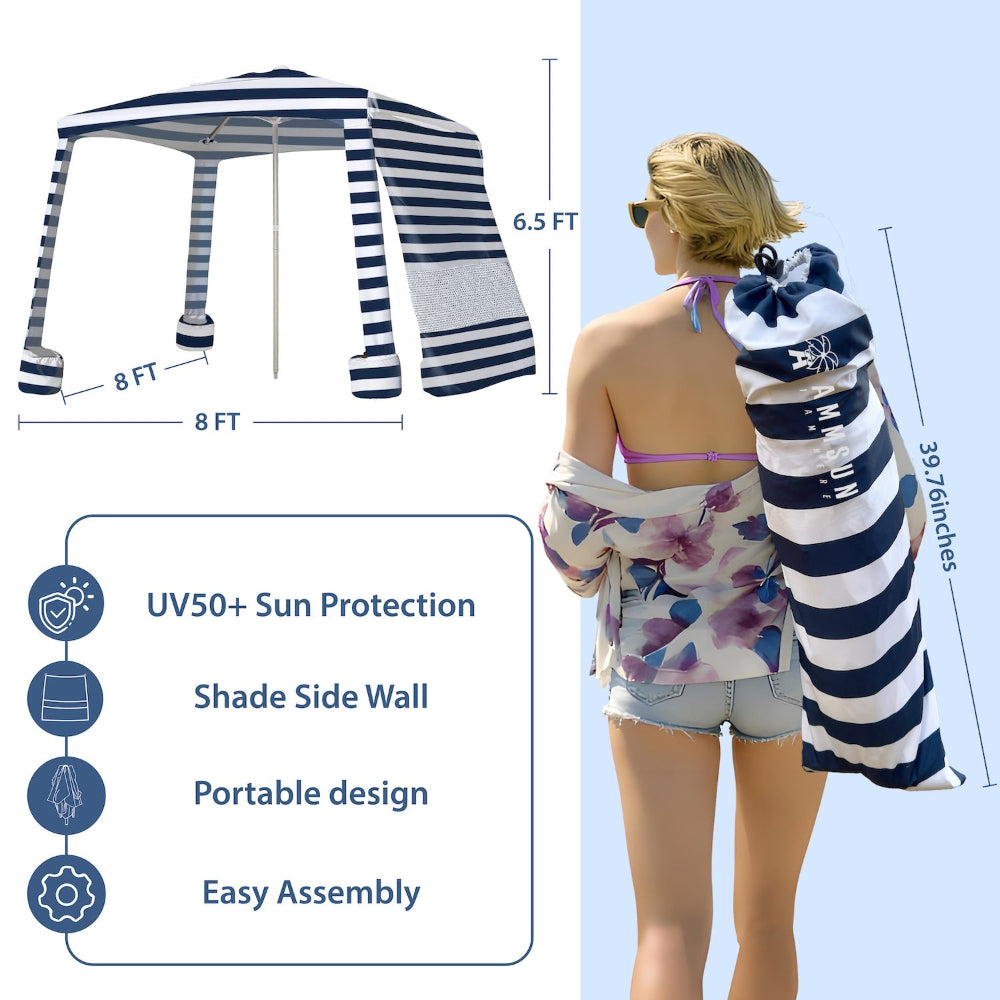 AMMSUN 8'×8' portable beach cabanas for sand with privacy sunwall in 6.5ft high can be folded in carry bag in 39.7inches