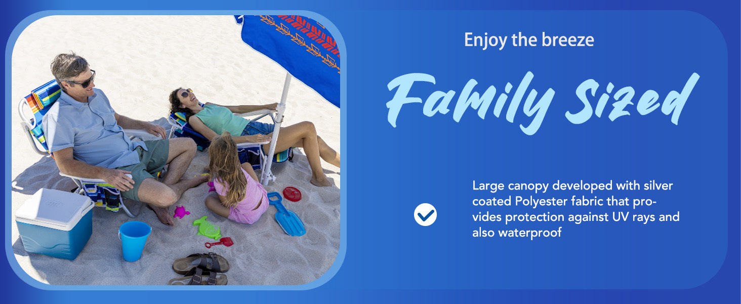 Family enjoying a day at the beach with a large canopy beach bub umbrella