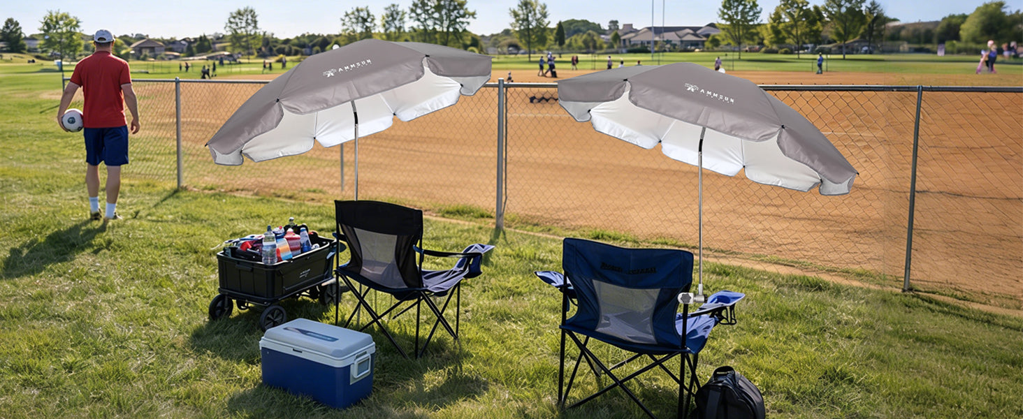 Two chair with grey umbrella for adults with clamp for camping chair umbrella are placed on the soccor field