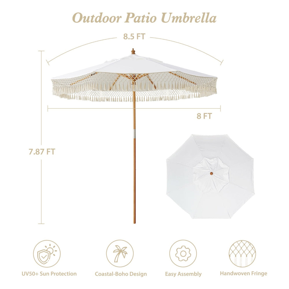 Outdoor patio market umbrella with fringe with dimensions and features
