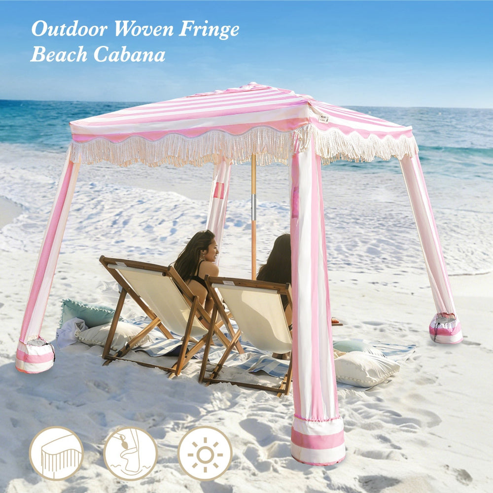 Two women sitting under AMMSUN 6ftx6ft fringe cabana for beach shade with fringe