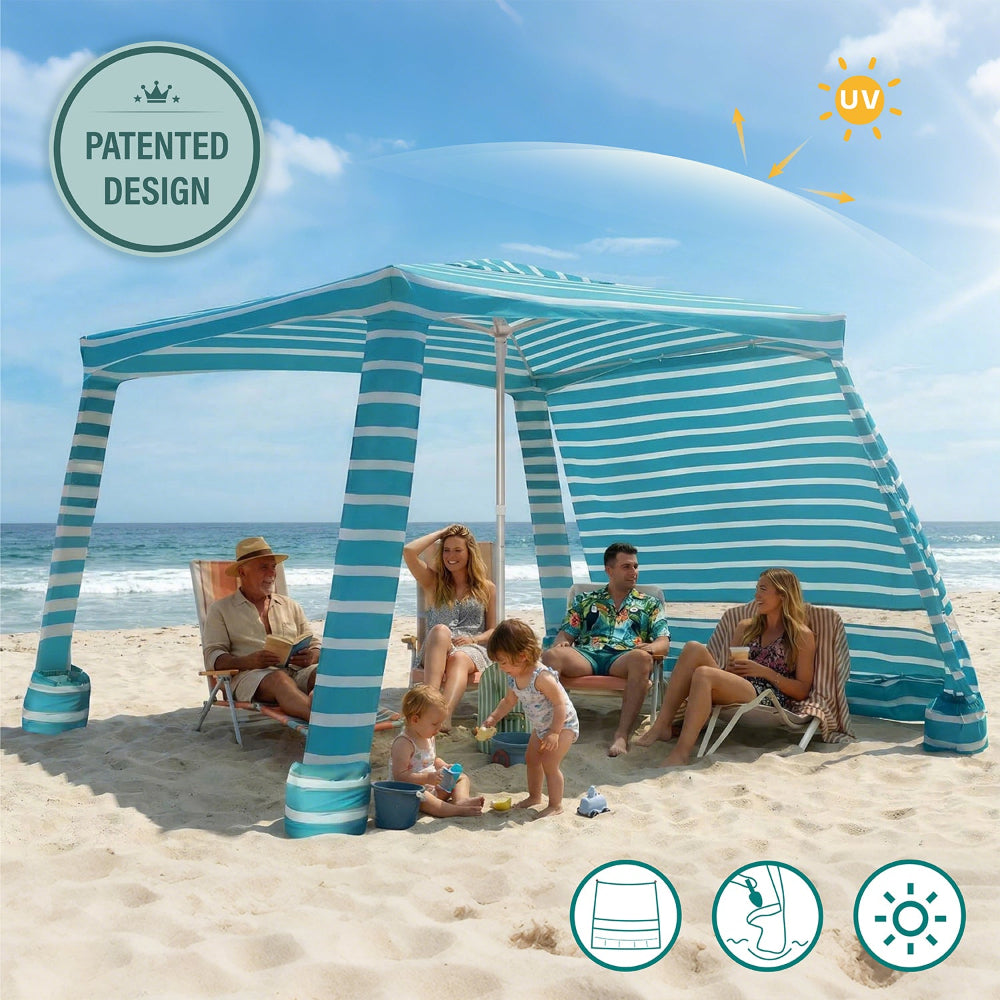 4 adults and 2 kids enjoying beachday under an AMMSUN 8'x8' beach canopy tent sun shade cabana with privacy sunwall