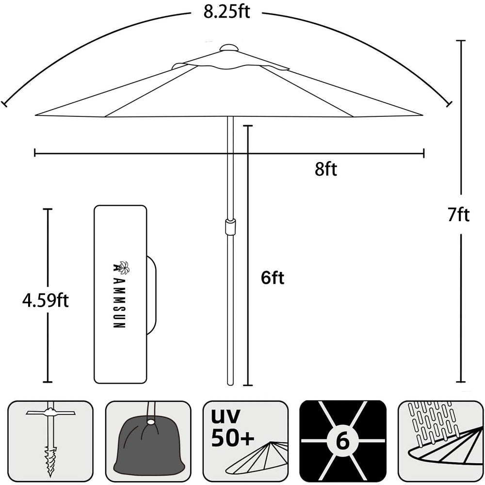AMMSUN 8ft beach umbrellas for sand heavy duty wind portable in 7ft high has  a carrying bag