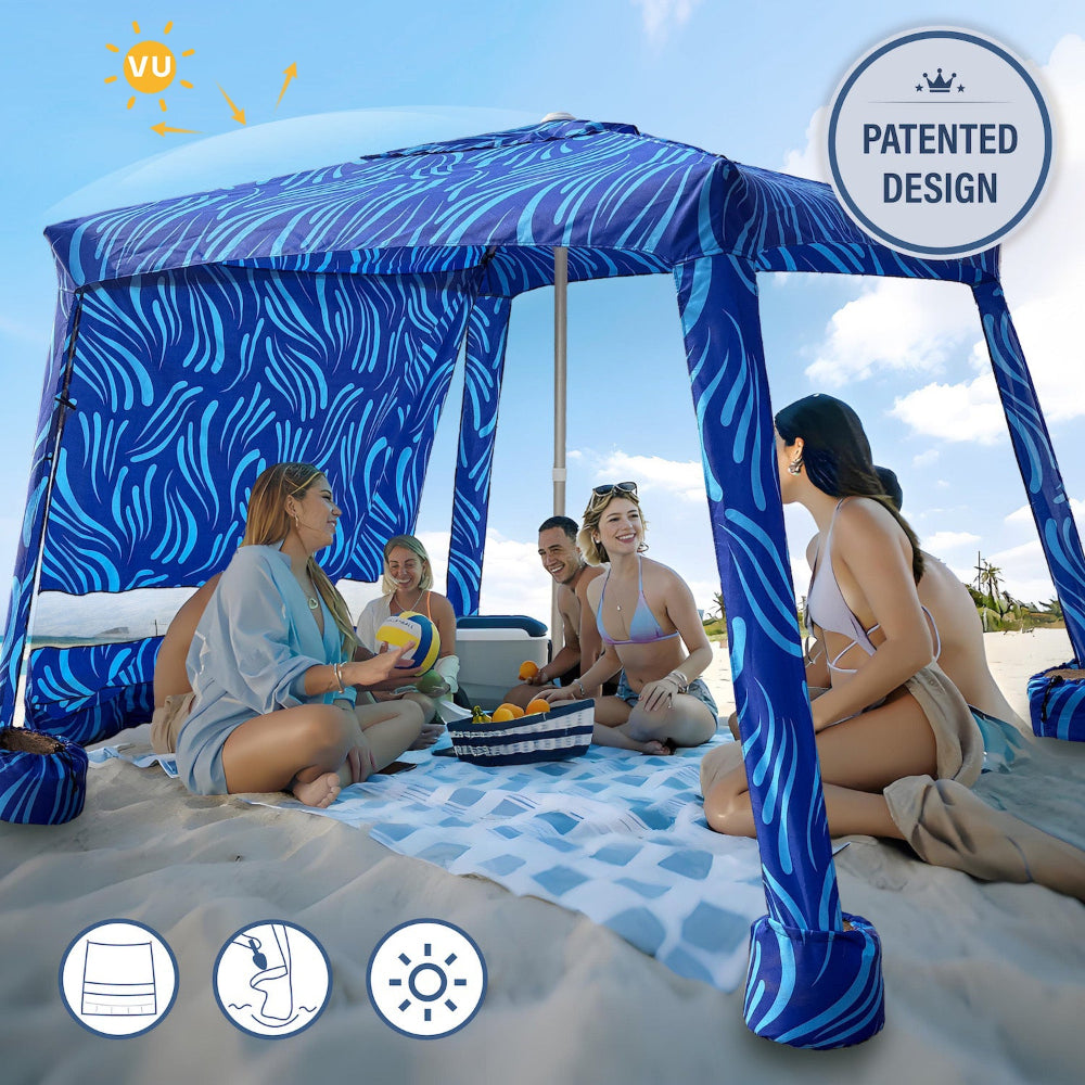 7 people relaxing under an AMMSUN 8'x8' sea flow extra arge portable beach tent easy set up cabana with sunwall