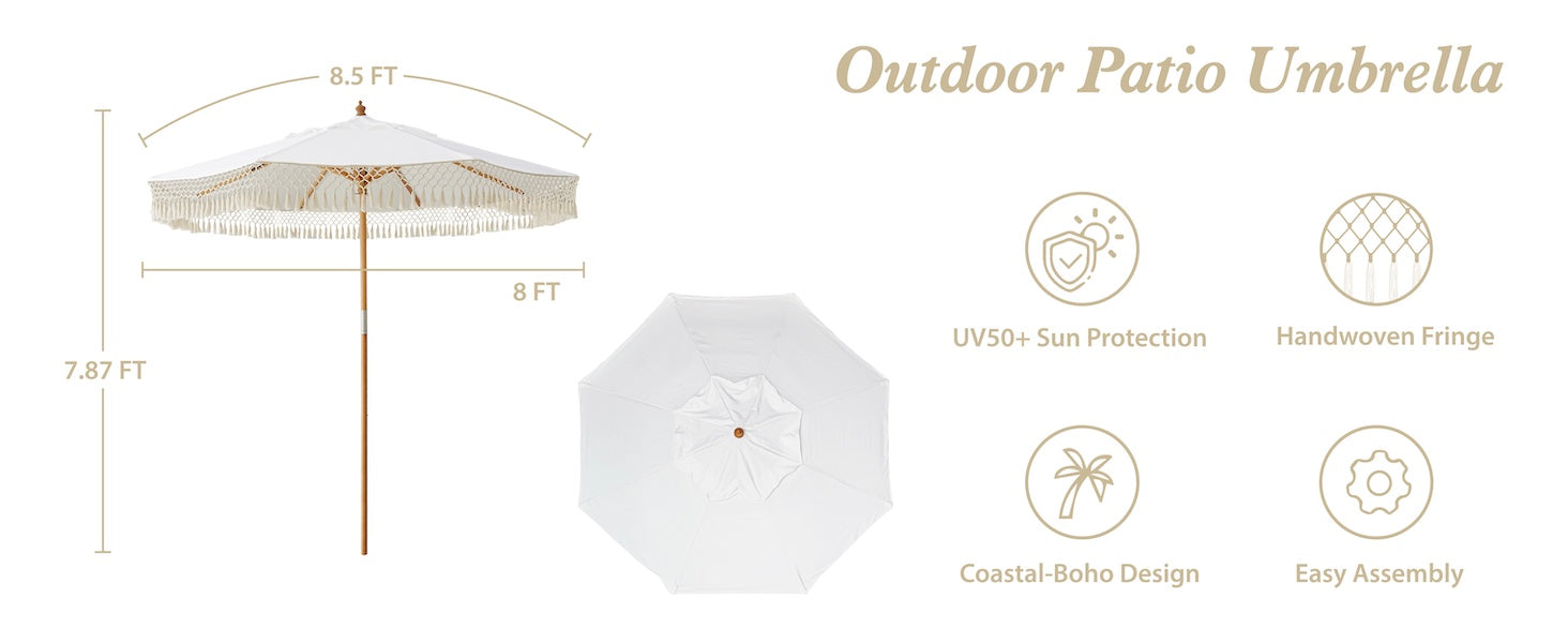 AMMSUN 8.5ft pulley lift outdoor umbrellas for patio has latch, durable sliding roller and wooden pole