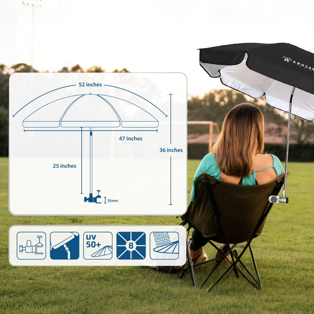 A woman sitting on soccor field with lawn chairs with canopy with clamp for AMMSUN black fishing umbrella, spanning 52