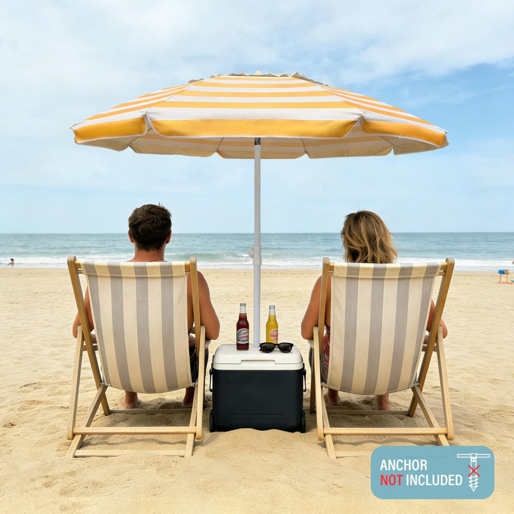 Two people sitting under AMMSUN 6.5ft multicolor yellow beach umbrellas for sand heavy duty wind portabl stands