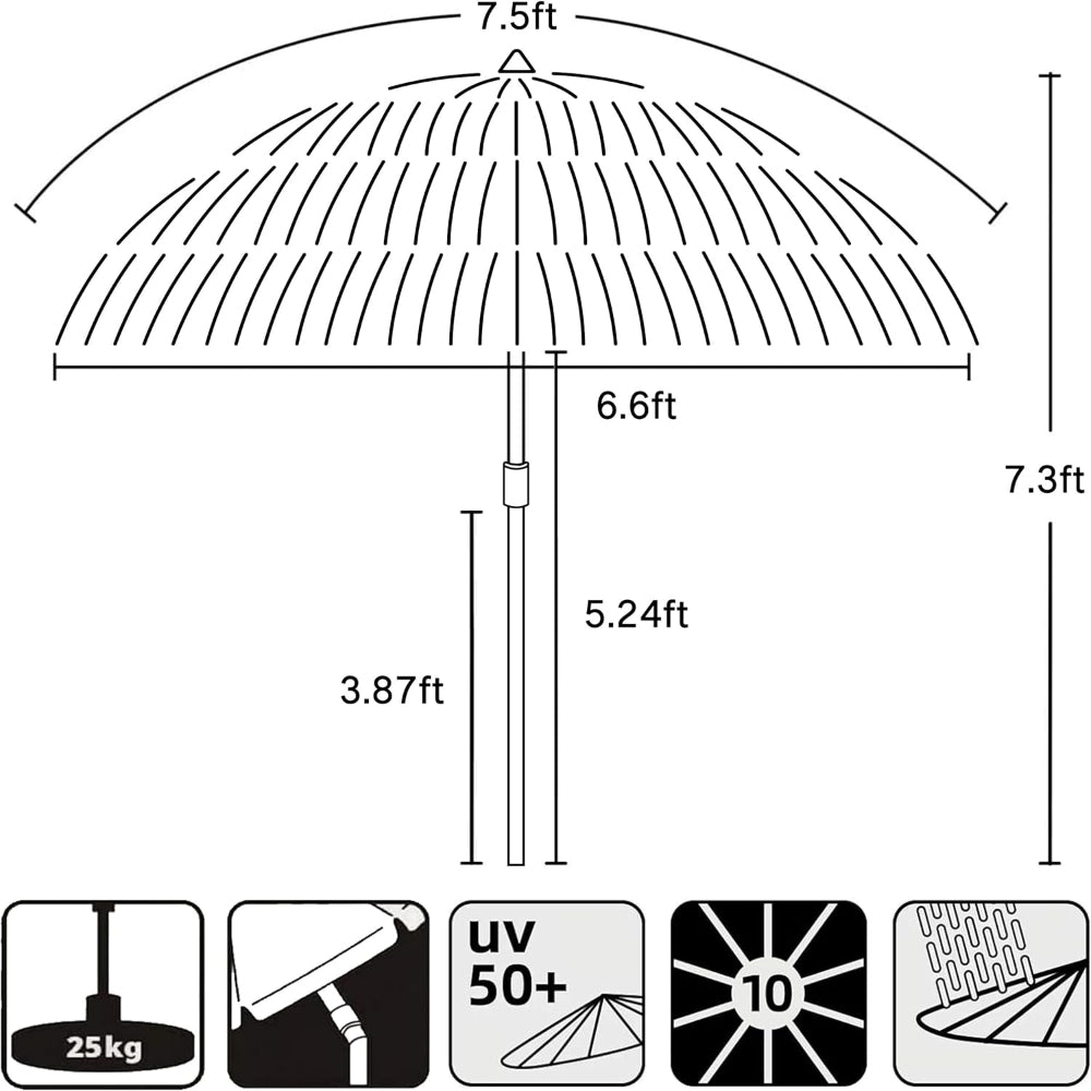 Measurement chart of AMMSUN 7.5ft large Hula Thatched Tiki Patio Beach Umbrella with dimensions and features.
