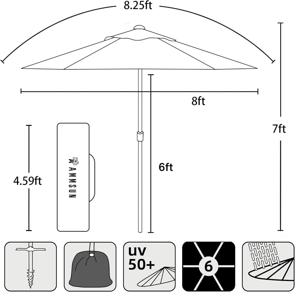 Measurement chart of an AMMSUN 8ft blue heavy duty commercial grade sturdy umbrella for beach with sand anchor with dimensions and features.