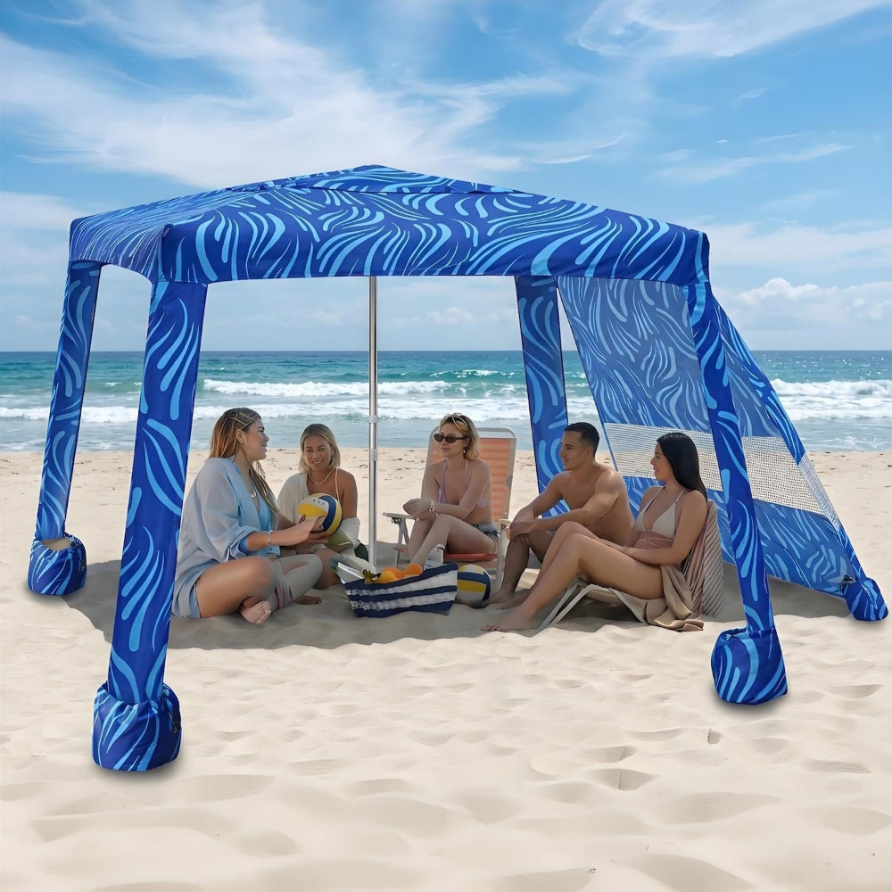 5 people having beach time under an AMMSUN 8'x8' sea flow easy up canopy beach cabana with privacy sunwall