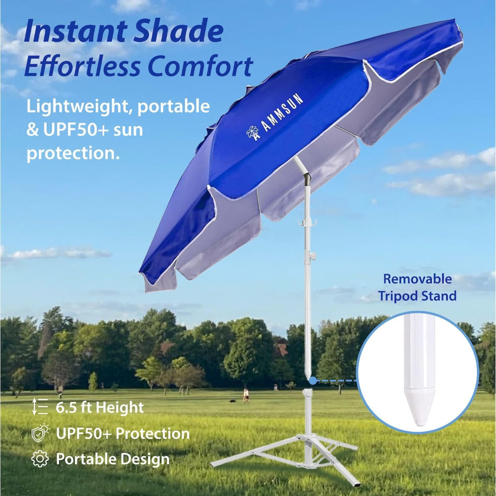 A blue AMMSUN 6.5ft lightweight umbrella with a white removable outdoor umbrella stand set on grass.