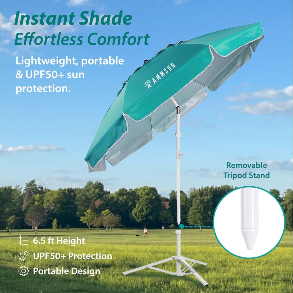 AMMSUN 6.5FT Turquoise portable shade with sombrilla de playa stand, featuring tilt steering function.
