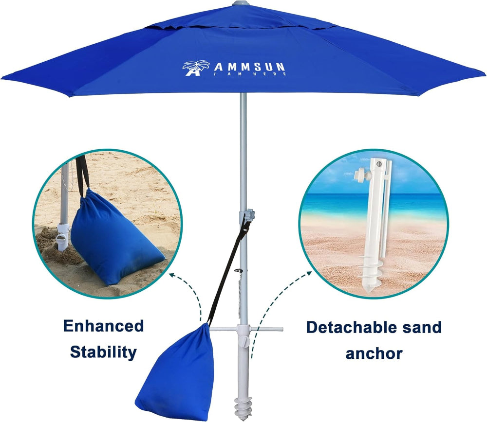 AMMSUN 8ft blue heavy duty commercial grade sturdy umbrella for beach with sand anchor and sand bag for stability
