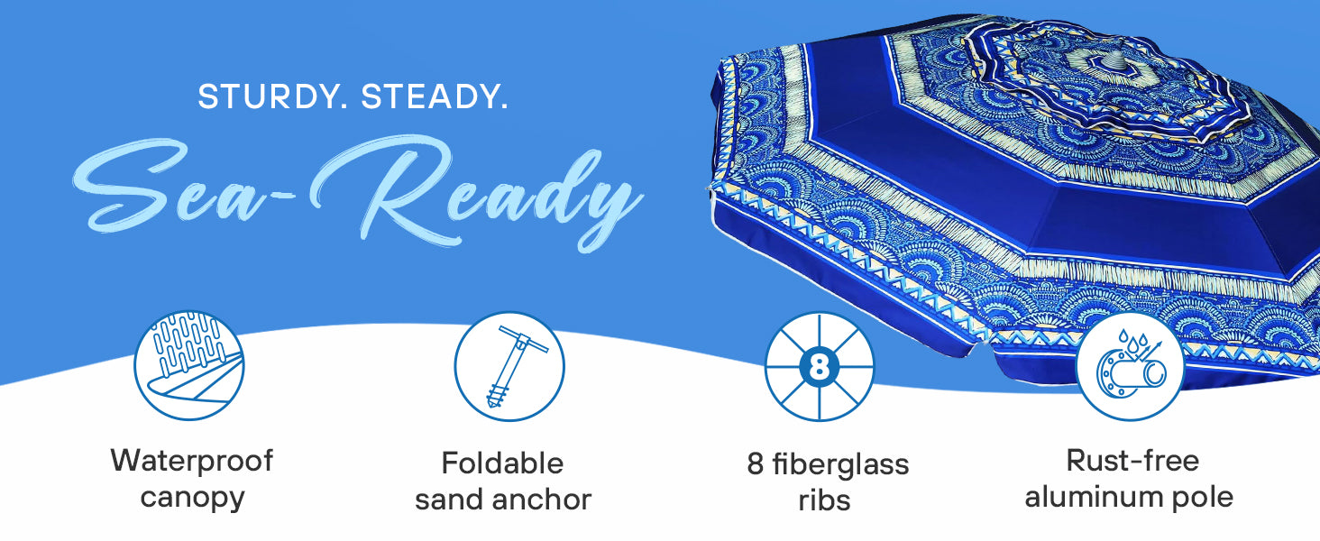 AMMSUN 7ft blue stripes uv protection heavy duty beach umbrella with sand anchor and cup table has air-vent and tilt