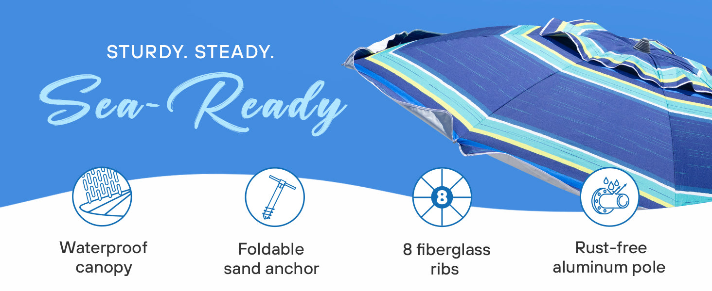 AMMSUN 7ft blue stripes beach umbrellas with sand anchor and built-in table has 8 fiberglass ribs