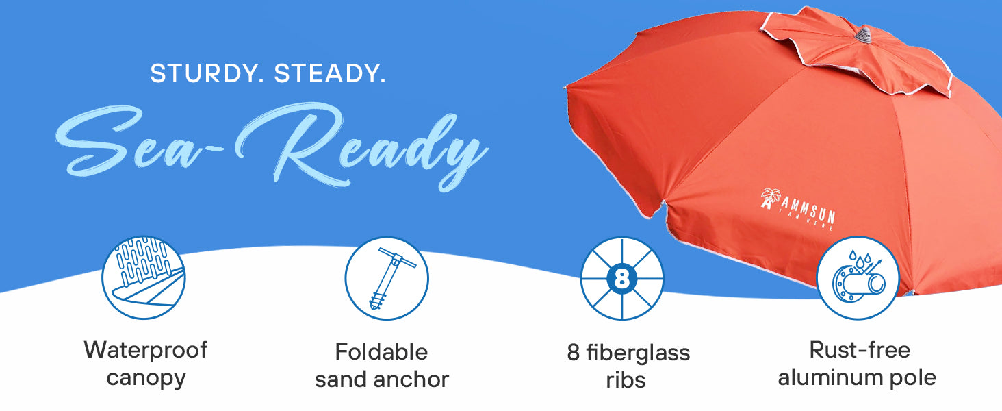 AMMSUN 7ft red compact beach umbrella high wind with table tray has 8 fiberglass ribs, with sand anchor