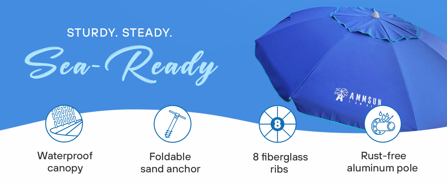 AMMSUN 7ft blue beach umbrellas with sand anchor and built-in table has 8 fiberglass ribs