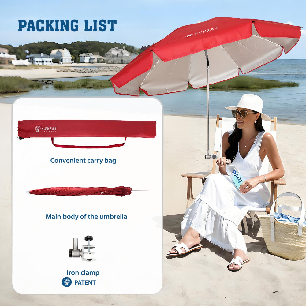 A woman in a chair, sheltered by an AMMSUN large size red uv umbrellas for sun protection with clamp and carry bag
