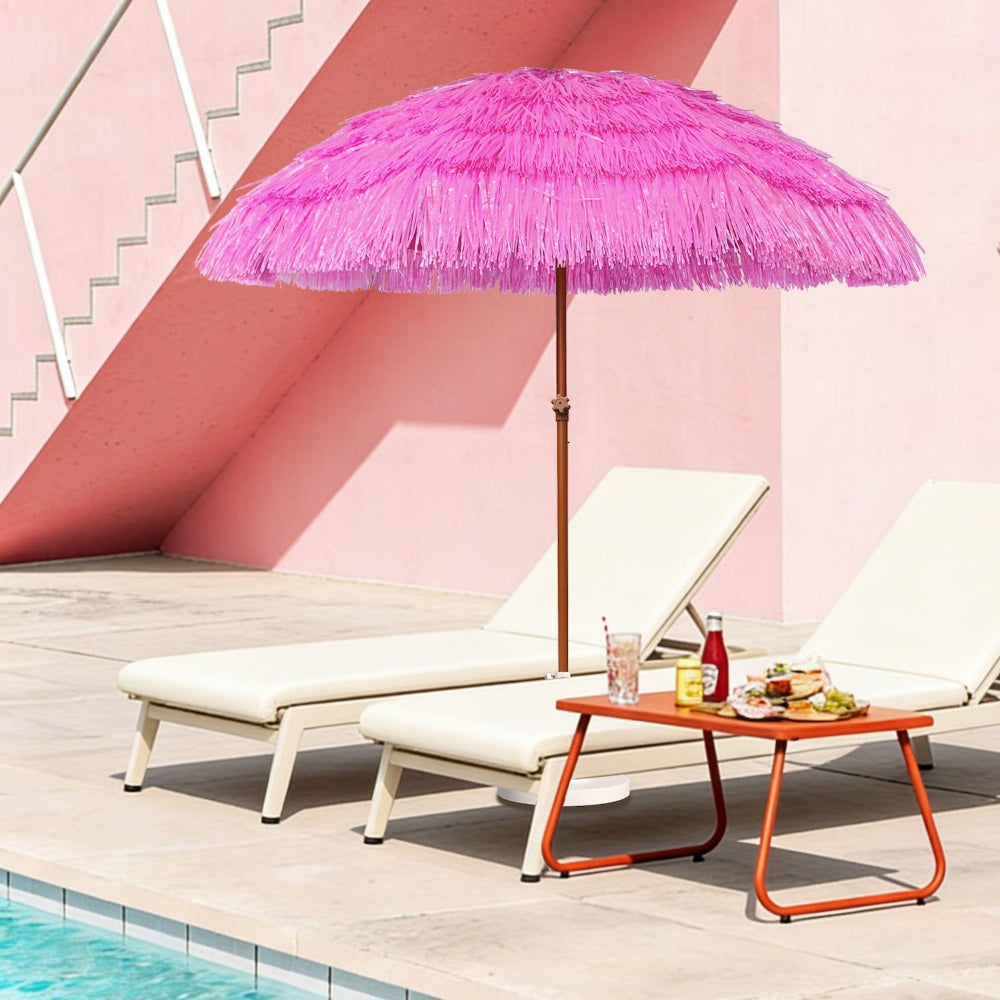 AMMSUN 7.5ft hot pink garden umbrella with hawaiian style tiki umbrella with lounge chairs by a poolside