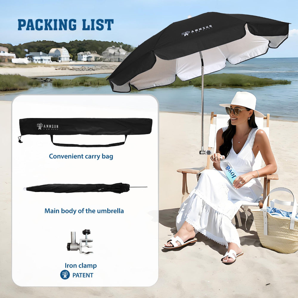 A woman in a chair, sheltered by an AMMSUN large size black uv umbrellas for sun protection with clamp and carry bag