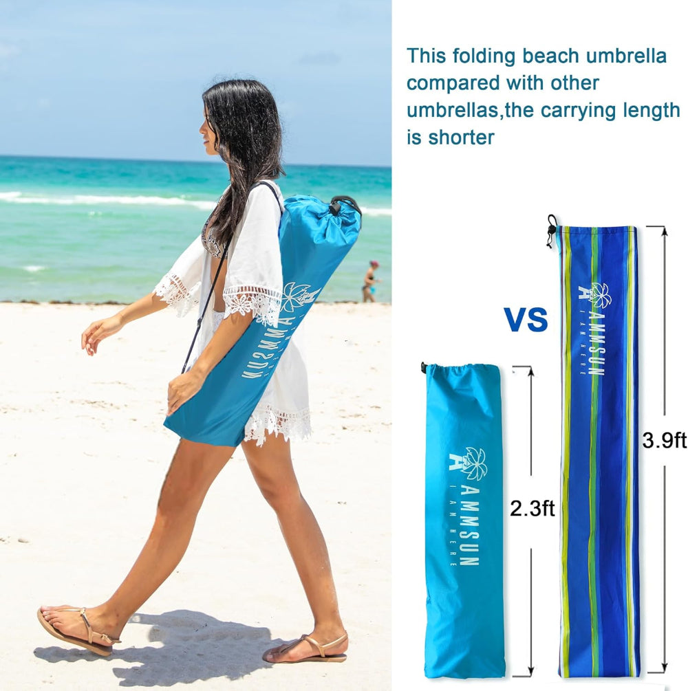AMMSUN 6.5FT light blue folded beach umbrella with sand anchor can be folded in carrying bag in 2.3ft length
