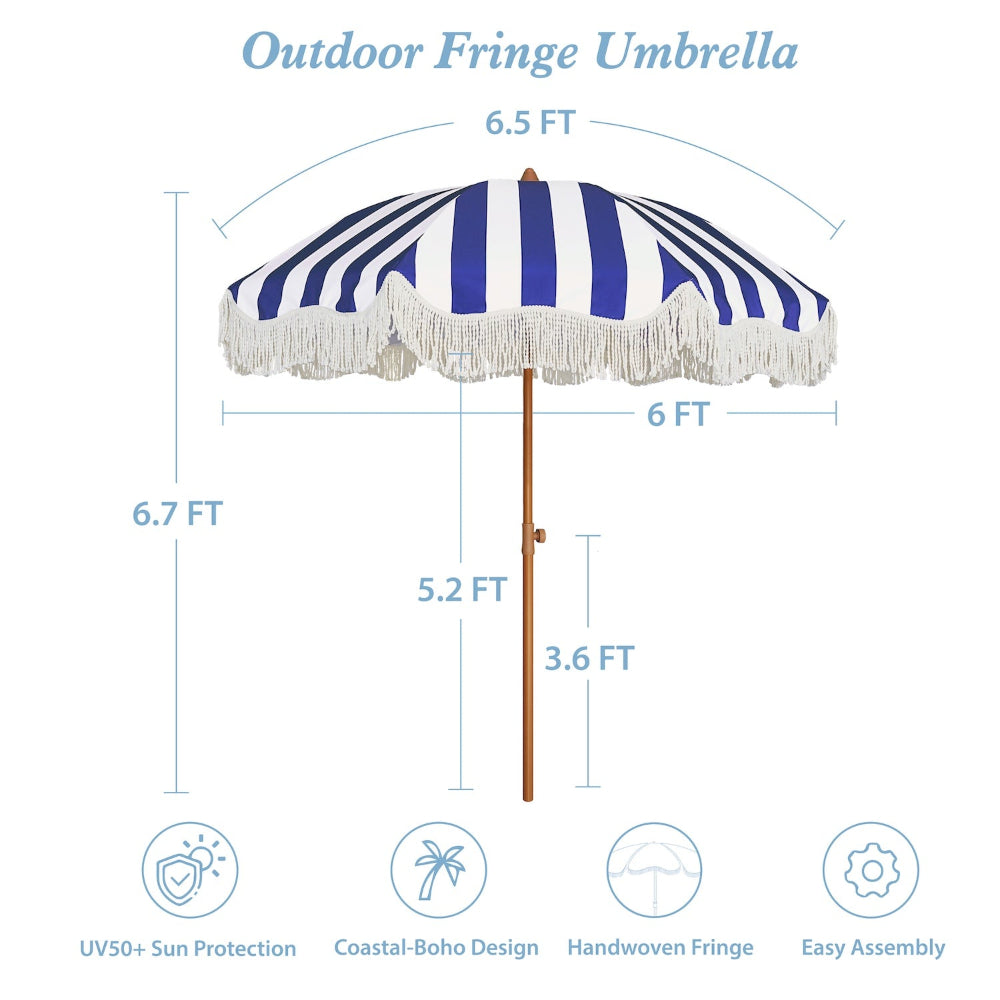 AMMSUN 6.5ft Boho fringe portable umbrella with base in 6.7ft tall with 8 ribs and a knob for height 