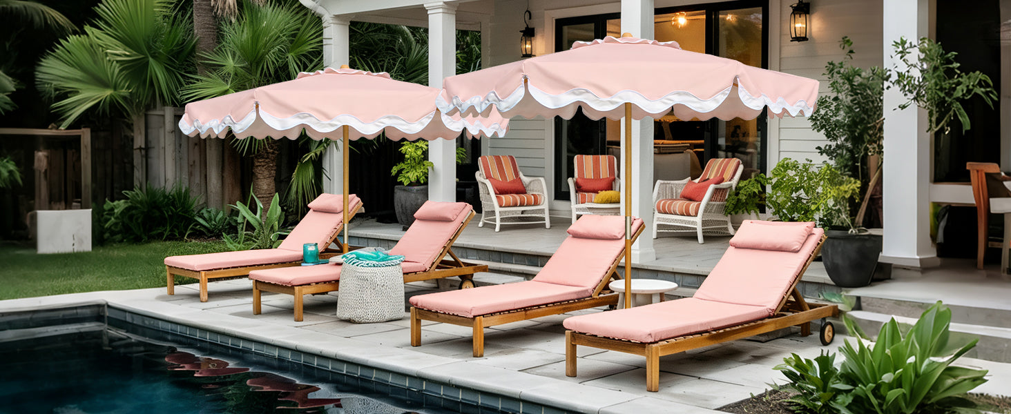 Pink lounge chairs under AMMSUN pulley lift wooden umbrella for market outdoor umbrella by a poolside