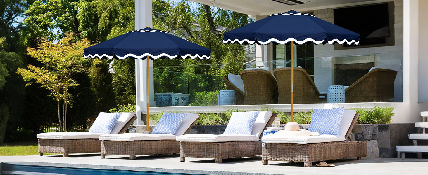 Two patio chairs with AMMSUN large beach umbrella with pulley system for wooden umbrella provide shade on poolside