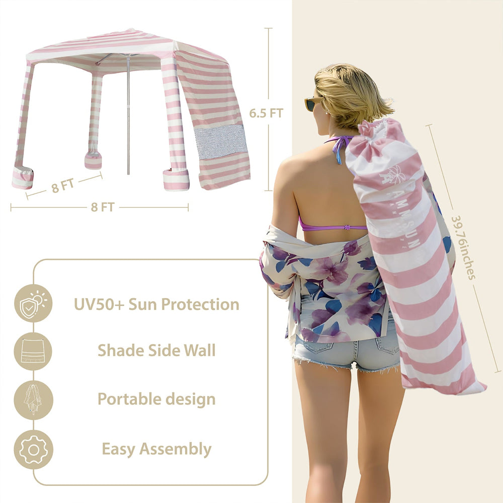 AMMSUN 8'×8' portable beach cabanas for sand with privacy sunwall in 6.5ft high can be folded in carry bag in 39.7inches