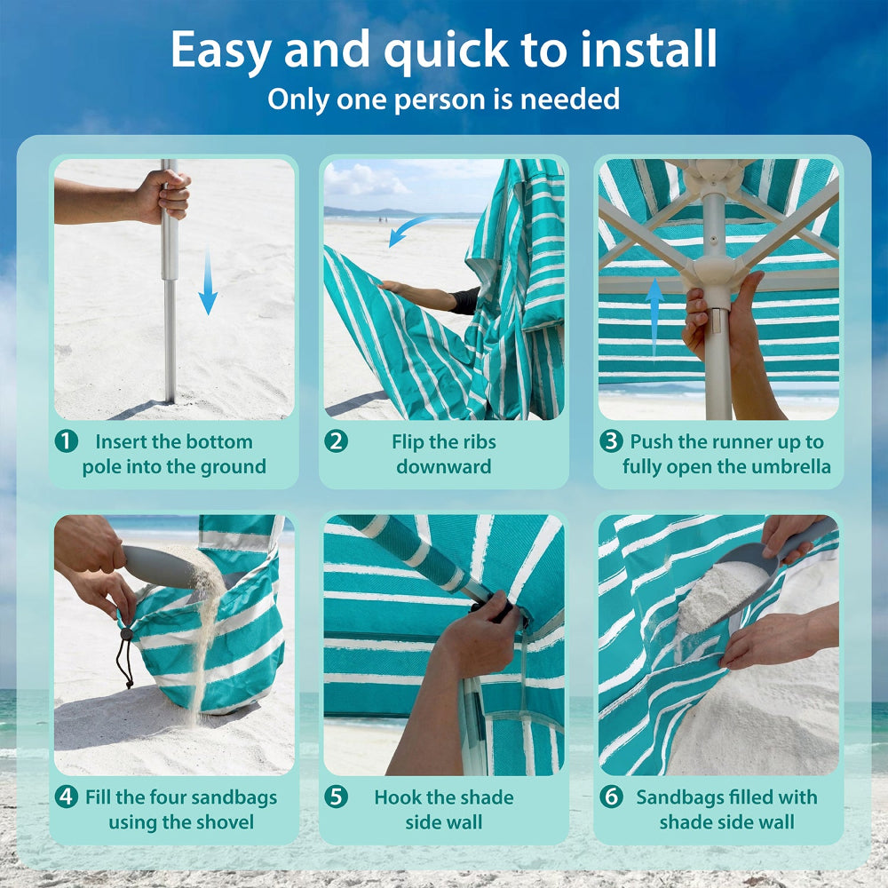 Steps to set up AMMSUN green stripes cool cabana beach tent with sun wall on beach