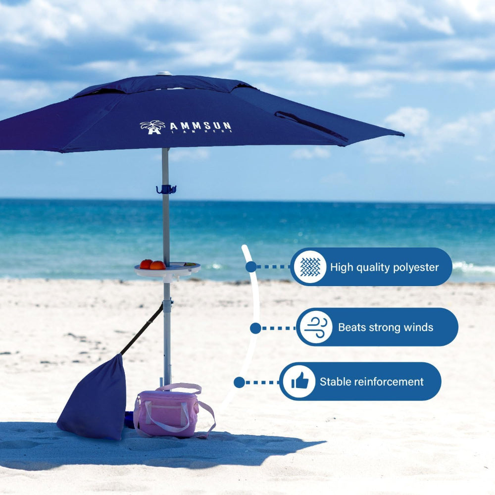 AMMSUN 8ft heavy duty umbrella secured with a sandbag and beach umbrella sand anchor on beach