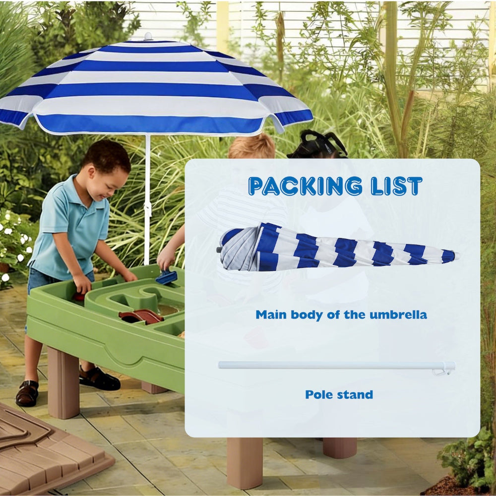 3 kids playing under an AMMSUN 5ft blue white kids outdoor umbrella for camping with pole stand