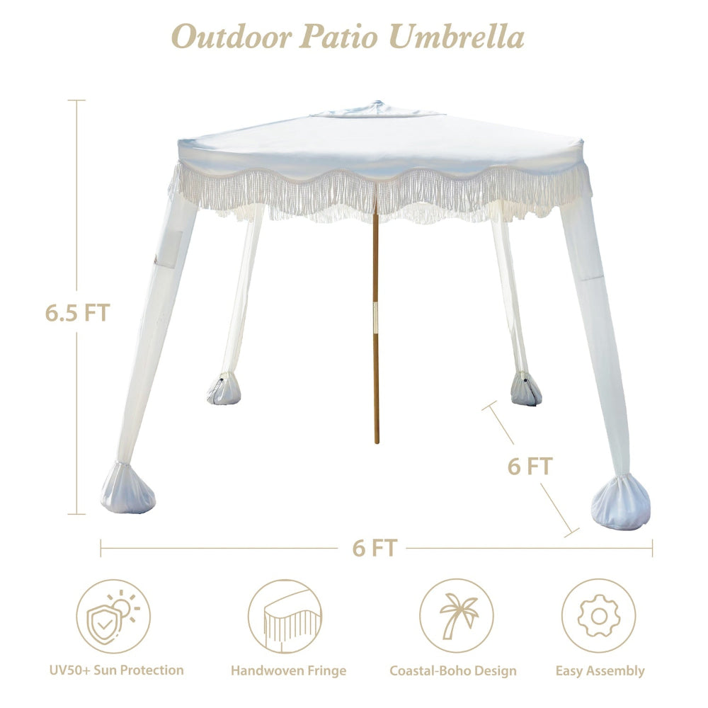 AMMSUN 6'×6' Bobo beach tents for outfoor cabana in 6.5ft with white fringe, vintage blue with sand bags and sturdy frame