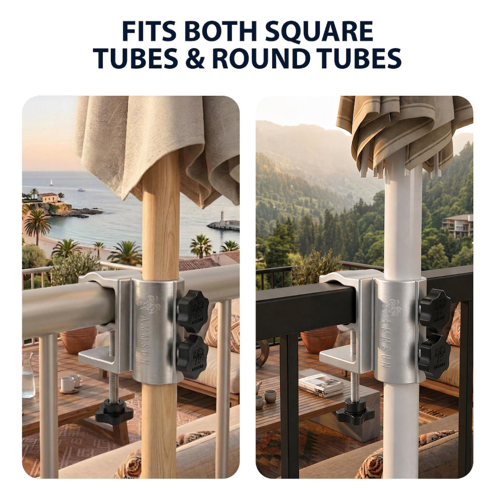 Two images of a balcony umbrella, labeled to fit both square and round tubes with AMMSUN umbrella clamp.