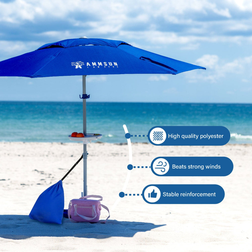 AMMSUN 8ft beach umbrellas for sand heavy duty wind portable is secured on the beach by sand anchor and a sand bag