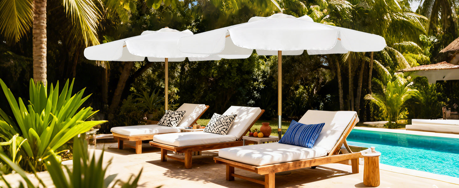 Two patio chairs with AMMSUN outdoor umbrellas for patio with pulley system for wpc umbrella by poolside
