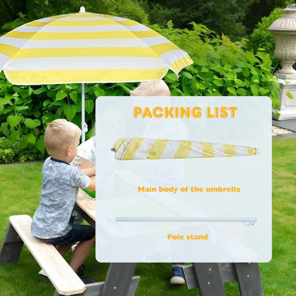Two boys playing under an AMMSUN 5ft yellow white water table umbrella for camping with pole stand