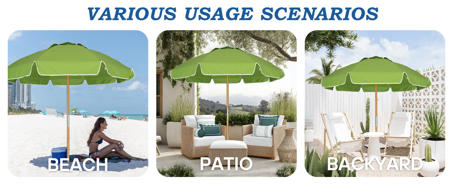 AMMSUN green travel beach umbrella with wood pole is fit ofr beach, patio, and backyard 