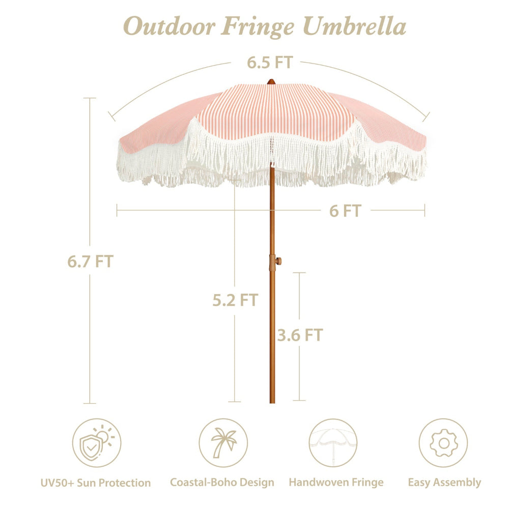 AMMSUN 6.5ft Boho fringe portable umbrella with base in 6.7ft tall with 8 ribs and a knob for height 