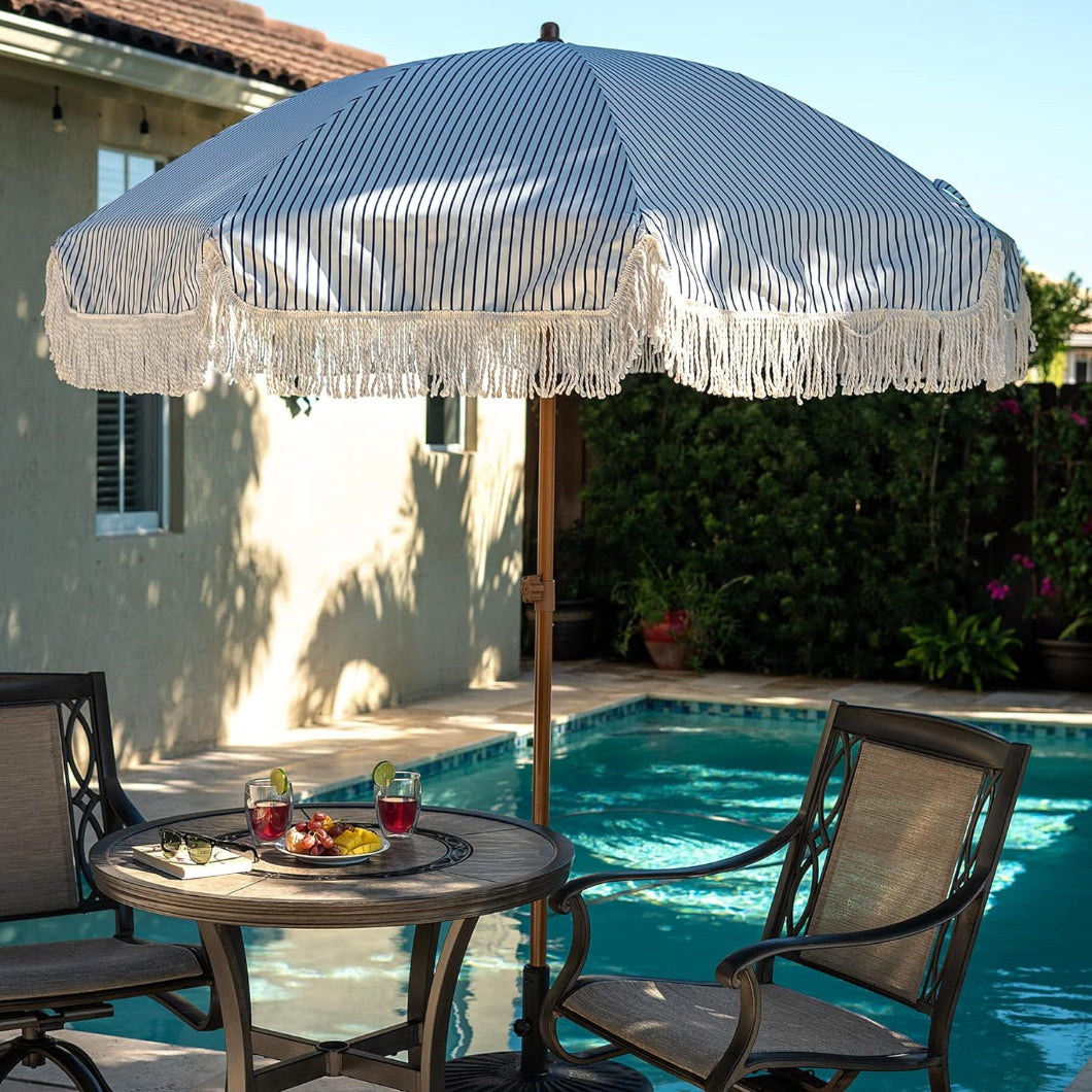 fingerhut patio umbrella AMMSUN 7ft Patio Fringe Umbrella,Blue Stripes