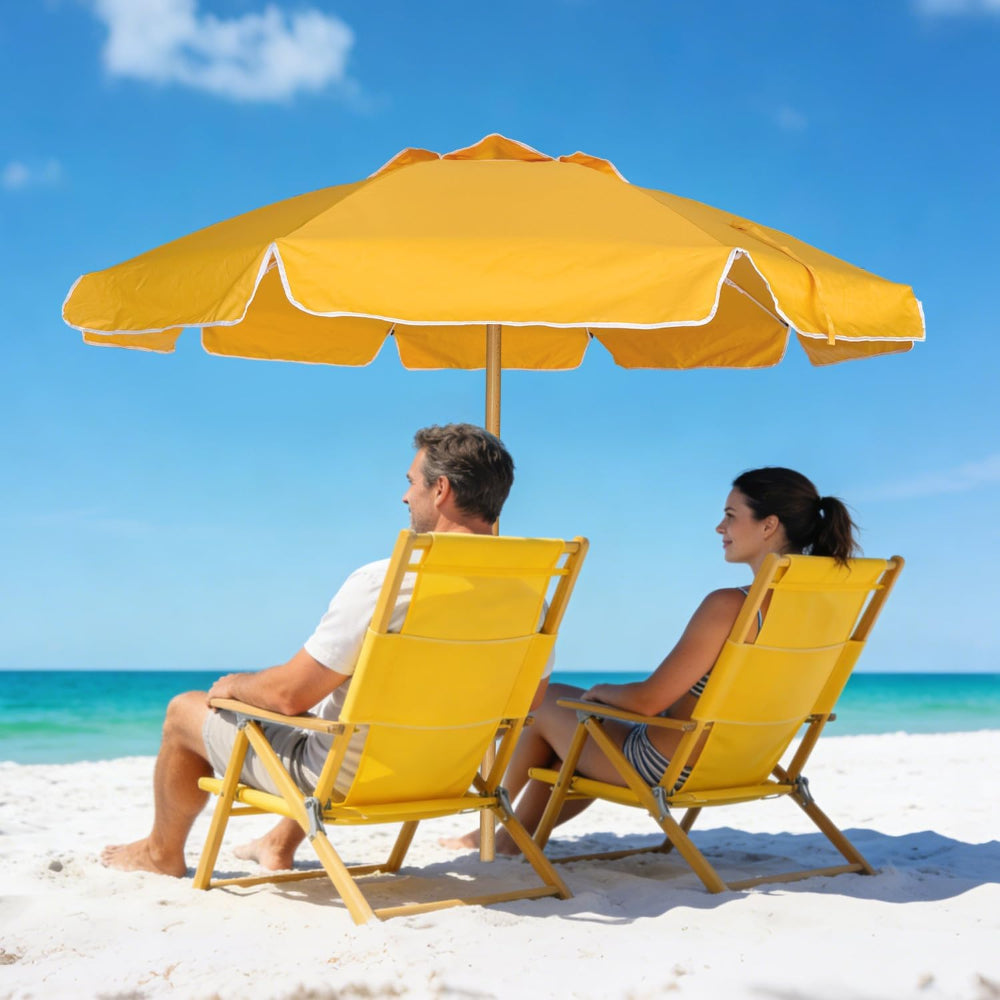 Two people sitting under a yellow AMMSUN 7.5ft wooden pole heavy duty beach umbrella portable