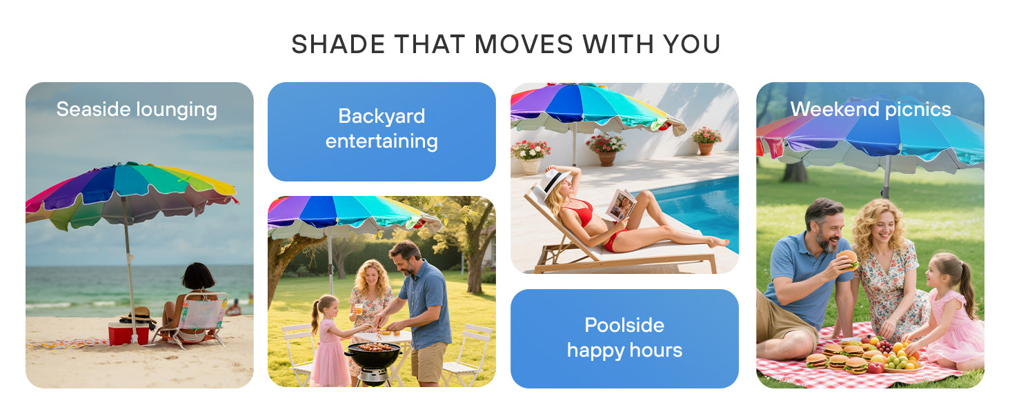 AMMSUN 7.5ft multicolor blue portable beach umbrella with sand anchor is suitable for beach, backyard, poolside and picnics