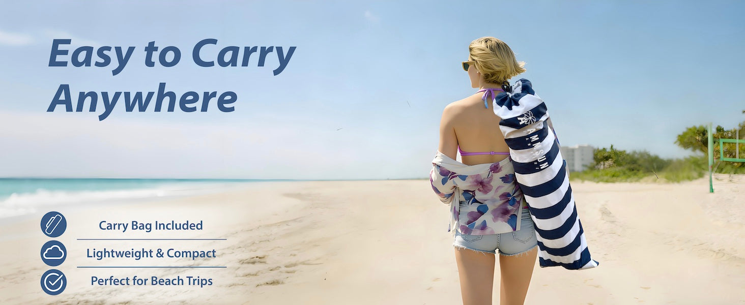 A woman carrying an AMMSUN 8'x8' lightweight portable beach cabana tent folded in bag in 39.76inches length 