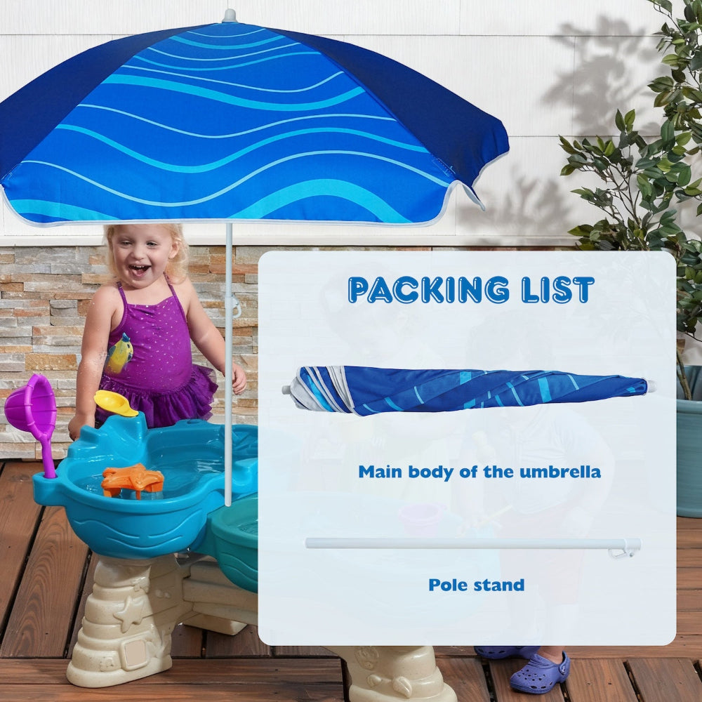 Two boys playing under an AMMSUN 5ft navy blue water table umbrella for camping with pole stand